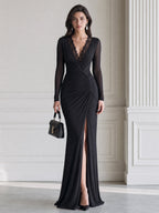 Lace V Neck Wrap Ruched High Slit Mermaid Maxi Gown