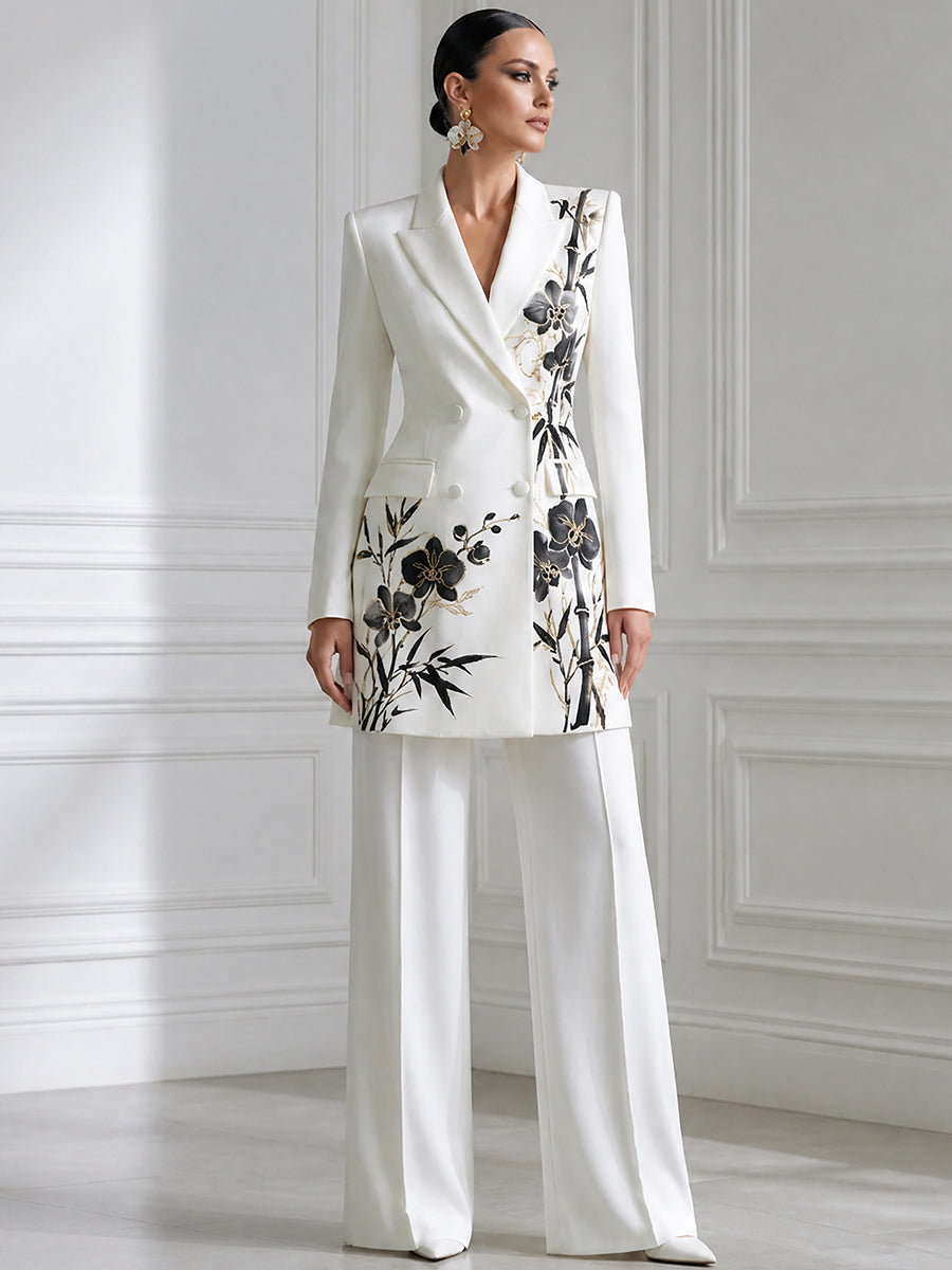 Double-Breasted Floral Print Blazer & Wide-Leg Pants Suit Set