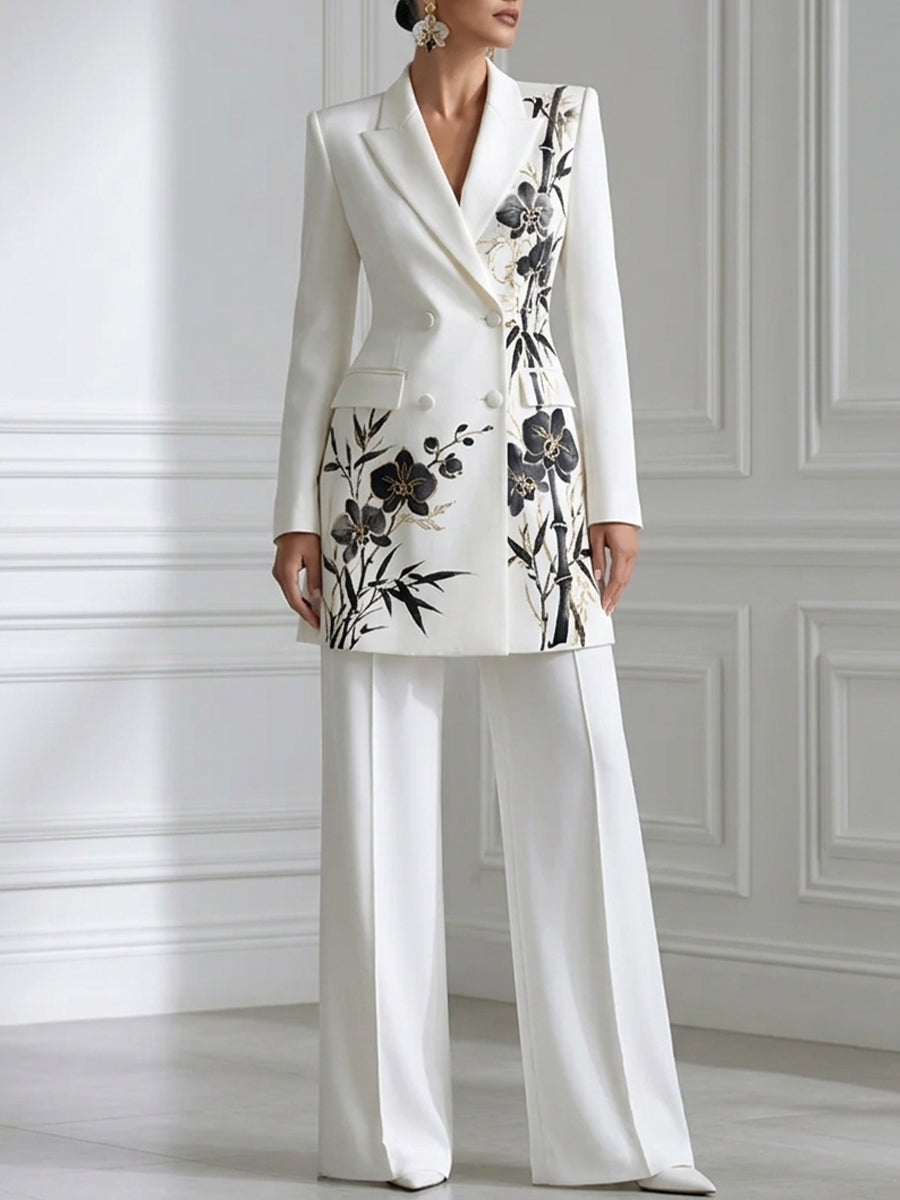 Double-Breasted Floral Print Blazer & Wide-Leg Pants Suit Set