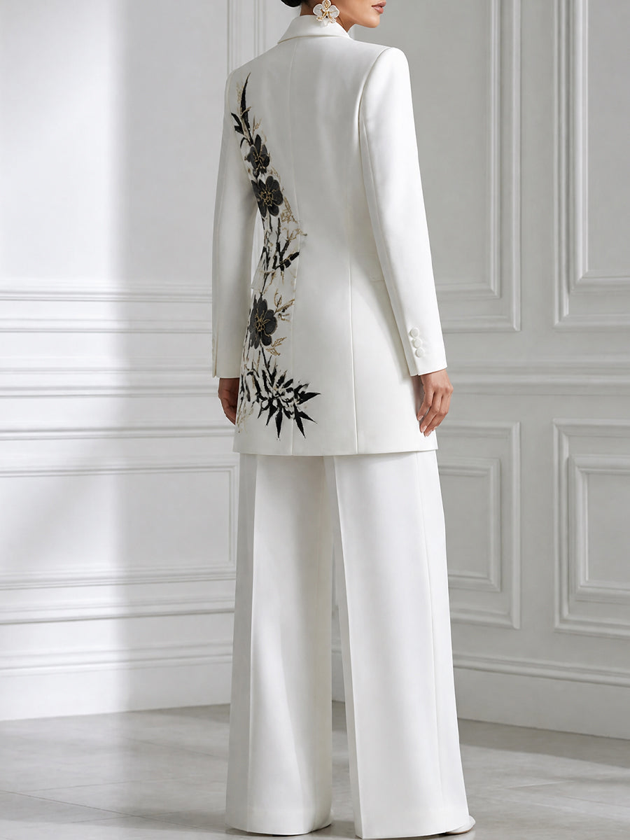 Double-Breasted Floral Print Blazer & Wide-Leg Pants Suit Set