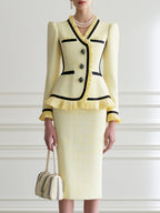 Tweed Two-Piece Skirt Suit with Pleated Ruffle Trim