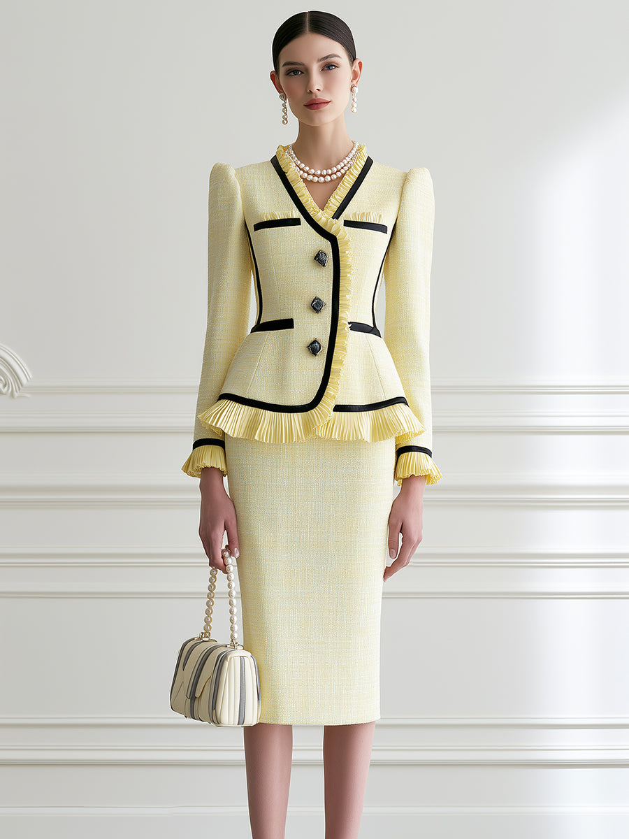 Tweed Two-Piece Skirt Suit with Pleated Ruffle Trim