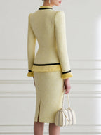 Tweed Two-Piece Skirt Suit with Pleated Ruffle Trim