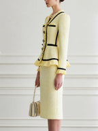 Tweed Two-Piece Skirt Suit with Pleated Ruffle Trim