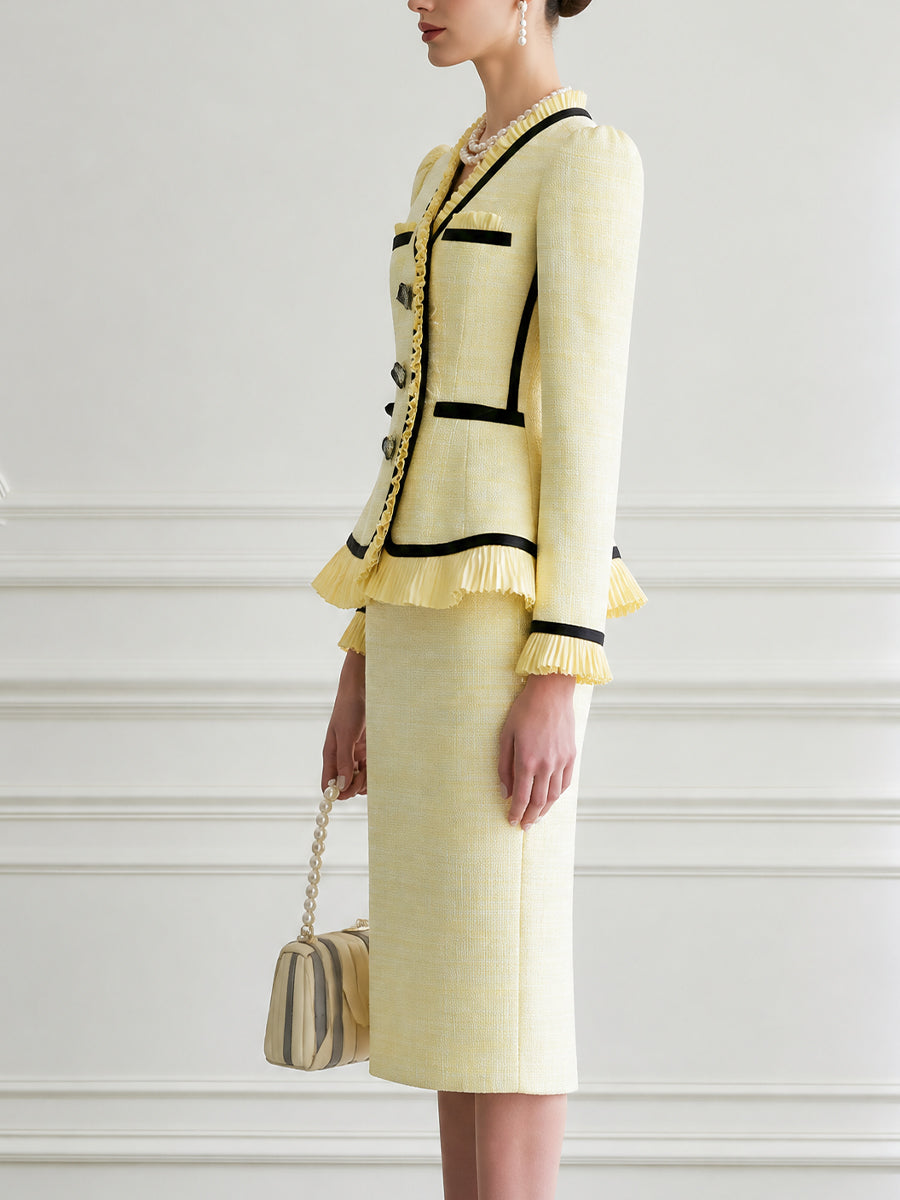 Tweed Two-Piece Skirt Suit with Pleated Ruffle Trim