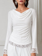 Cowl Neck Ruched Long Sleeve Lace Trim Top