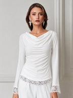 Cowl Neck Ruched Long Sleeve Lace Trim Top