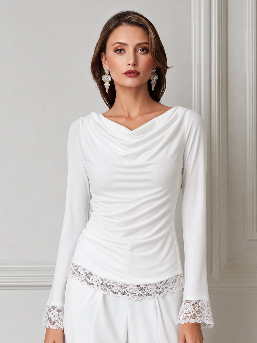 Cowl Neck Ruched Long Sleeve Lace Trim Top