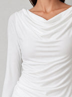 Cowl Neck Ruched Long Sleeve Lace Trim Top