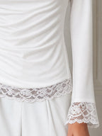 Cowl Neck Ruched Long Sleeve Lace Trim Top