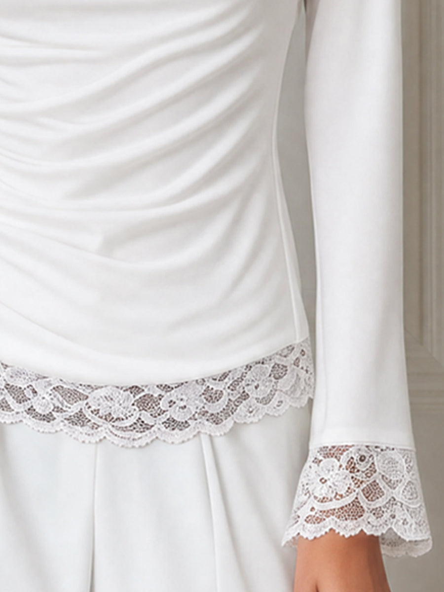 Cowl Neck Ruched Long Sleeve Lace Trim Top