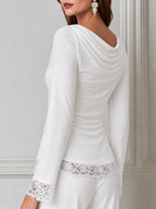 Cowl Neck Ruched Long Sleeve Lace Trim Top
