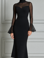 Black Dress Fall Wedding Guest Dress Sheer Mesh Bell Sleeve Mermaid Midi Dress