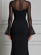 Black Dress Fall Wedding Guest Dress Sheer Mesh Bell Sleeve Mermaid Midi Dress