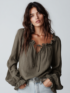 Chic Textured Cotton Split-Neck Lantern-Sleeve Olive Green Blouse