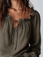 Chic Textured Cotton Split-Neck Lantern-Sleeve Olive Green Blouse