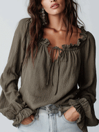 Chic Textured Cotton Split-Neck Lantern-Sleeve Olive Green Blouse