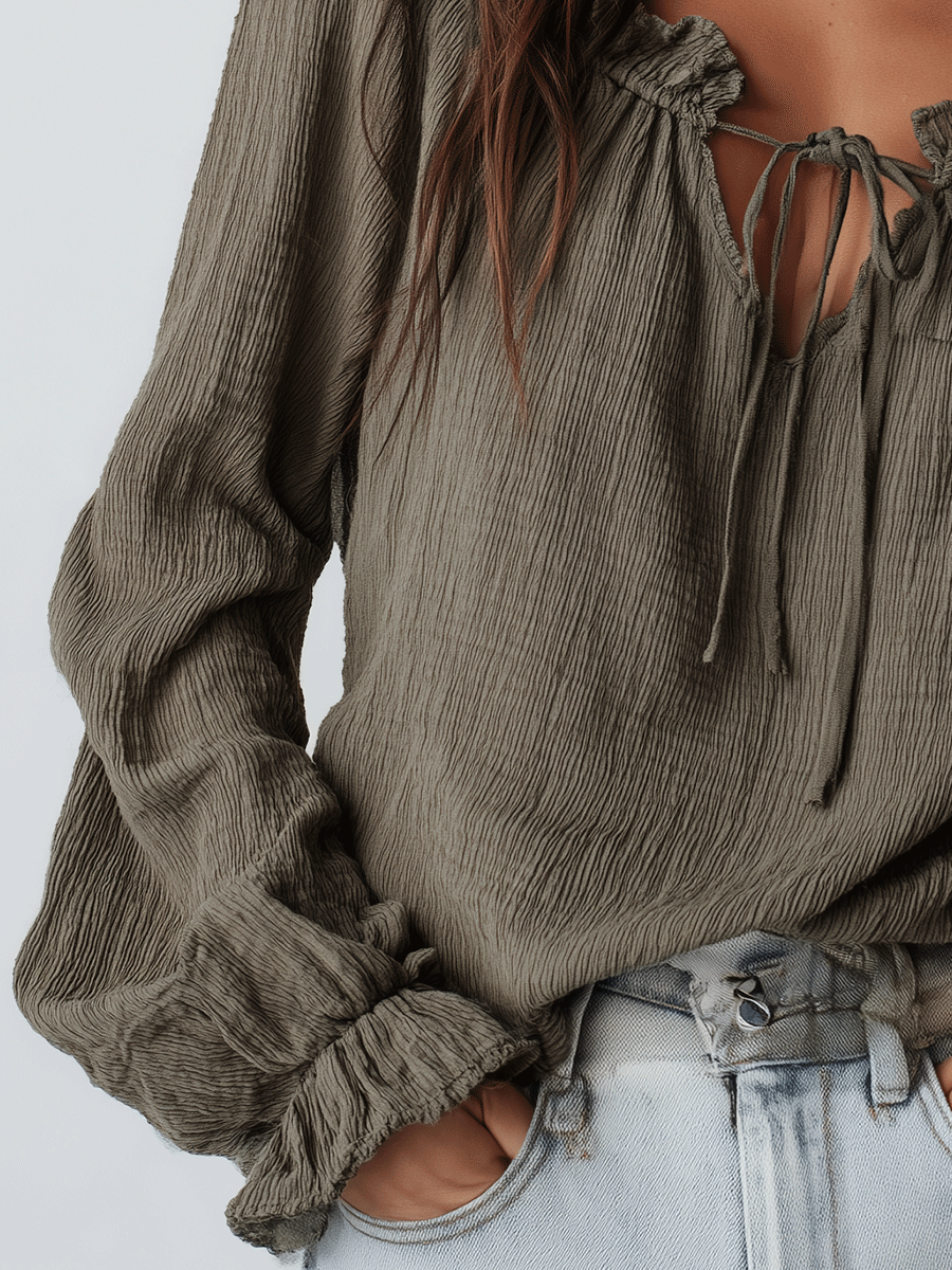 Chic Textured Cotton Split-Neck Lantern-Sleeve Olive Green Blouse