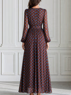Brown And Blue Polka Dot Chiffon Maxi Dress