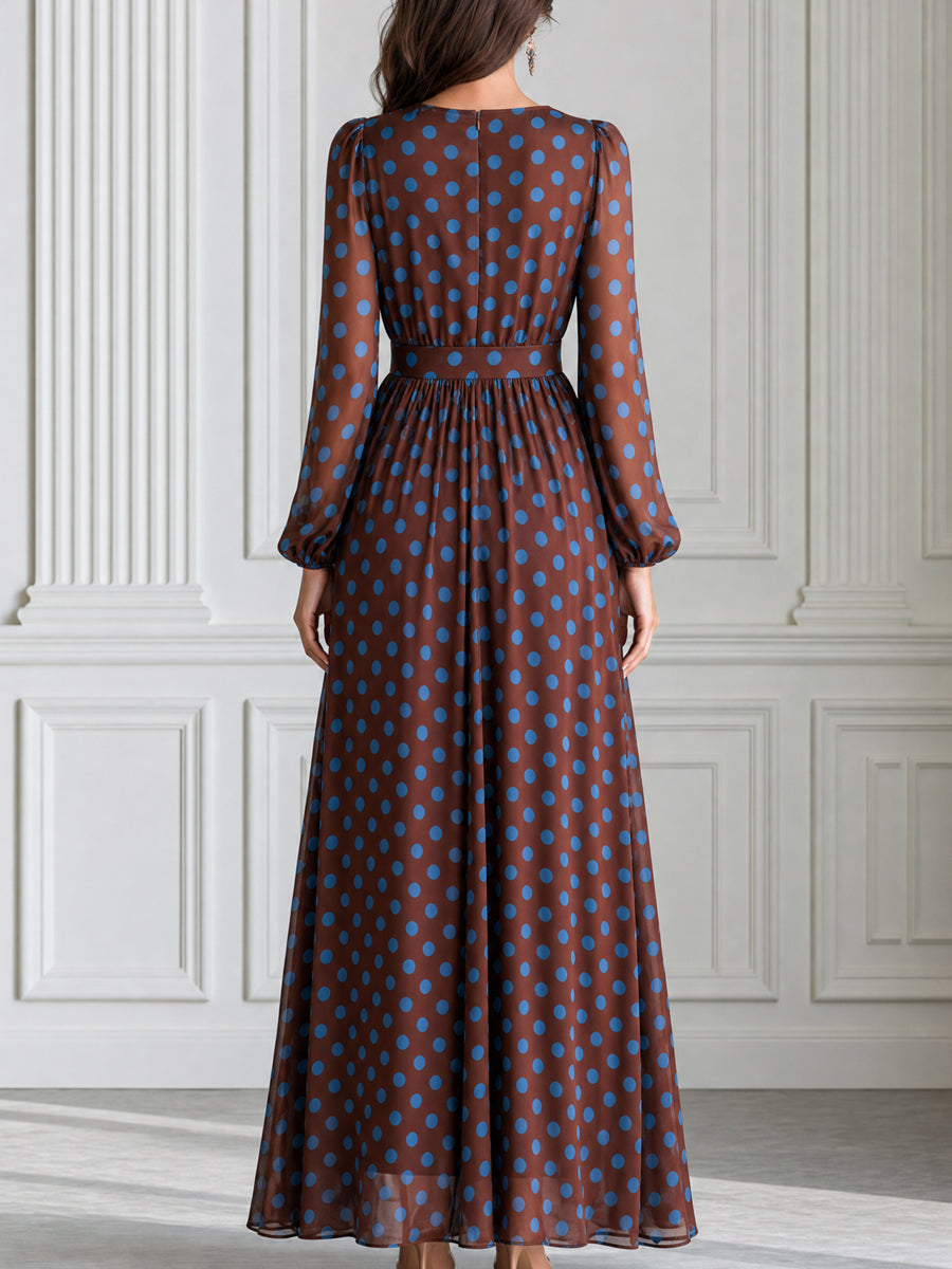 Brown And Blue Polka Dot Chiffon Maxi Dress