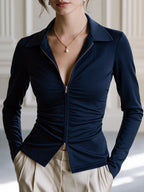 Elegant Gold-Tone Zip-Front Ruched Collared Slim-Fit Top