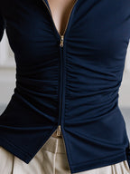 Elegant Gold-Tone Zip-Front Ruched Collared Slim-Fit Top