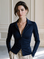 Elegant Gold-Tone Zip-Front Ruched Collared Slim-Fit Top