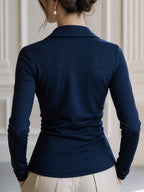 Elegant Gold-Tone Zip-Front Ruched Collared Slim-Fit Top