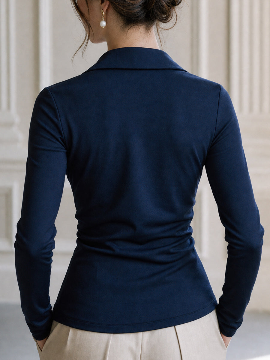 Elegant Gold-Tone Zip-Front Ruched Collared Slim-Fit Top