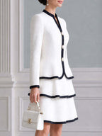 Contrast-Trim Peplum Pearl Buttons A-Line Dress