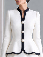 Contrast-Trim Peplum Pearl Buttons A-Line Dress