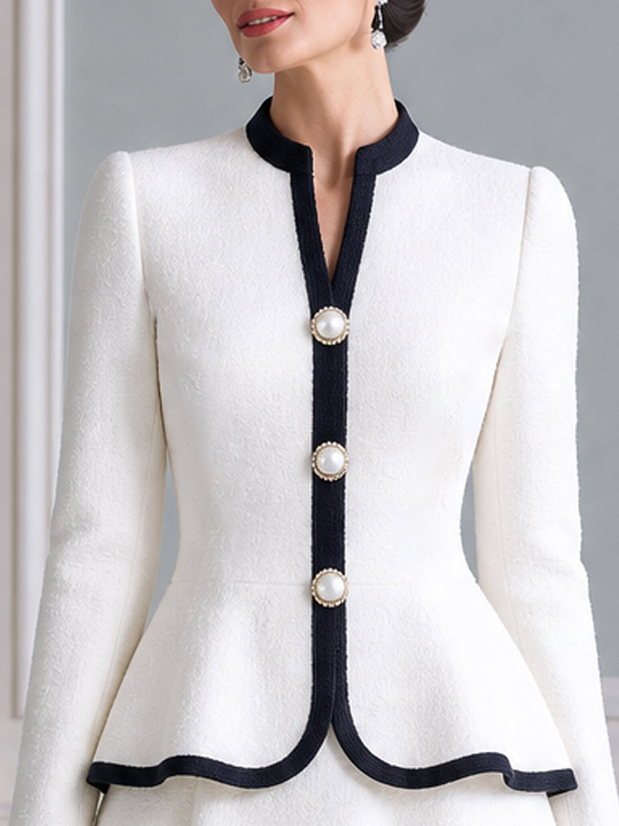 Contrast-Trim Peplum Pearl Buttons A-Line Dress