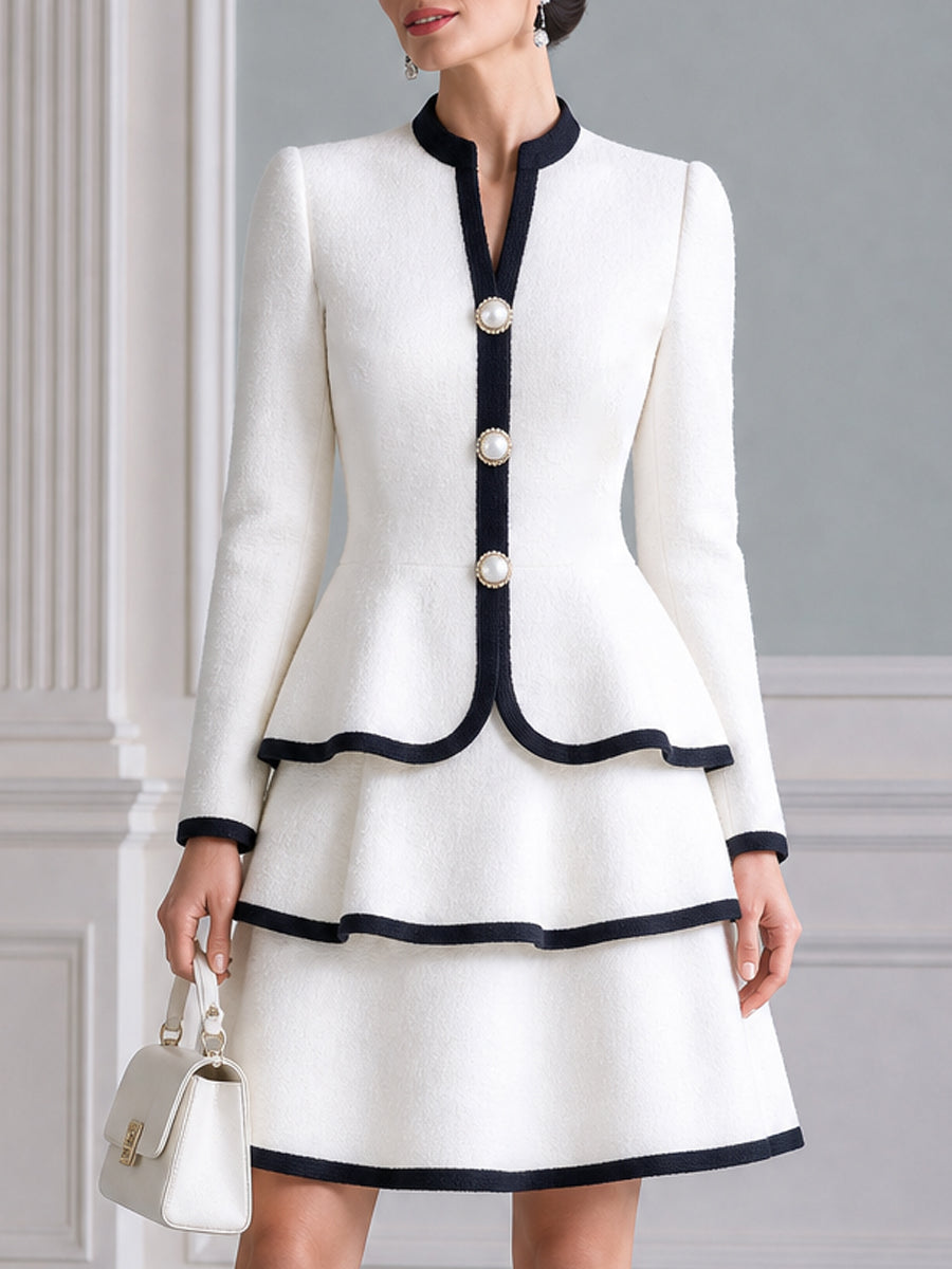 Contrast-Trim Peplum Pearl Buttons A-Line Dress