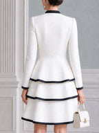 Contrast-Trim Peplum Pearl Buttons A-Line Dress