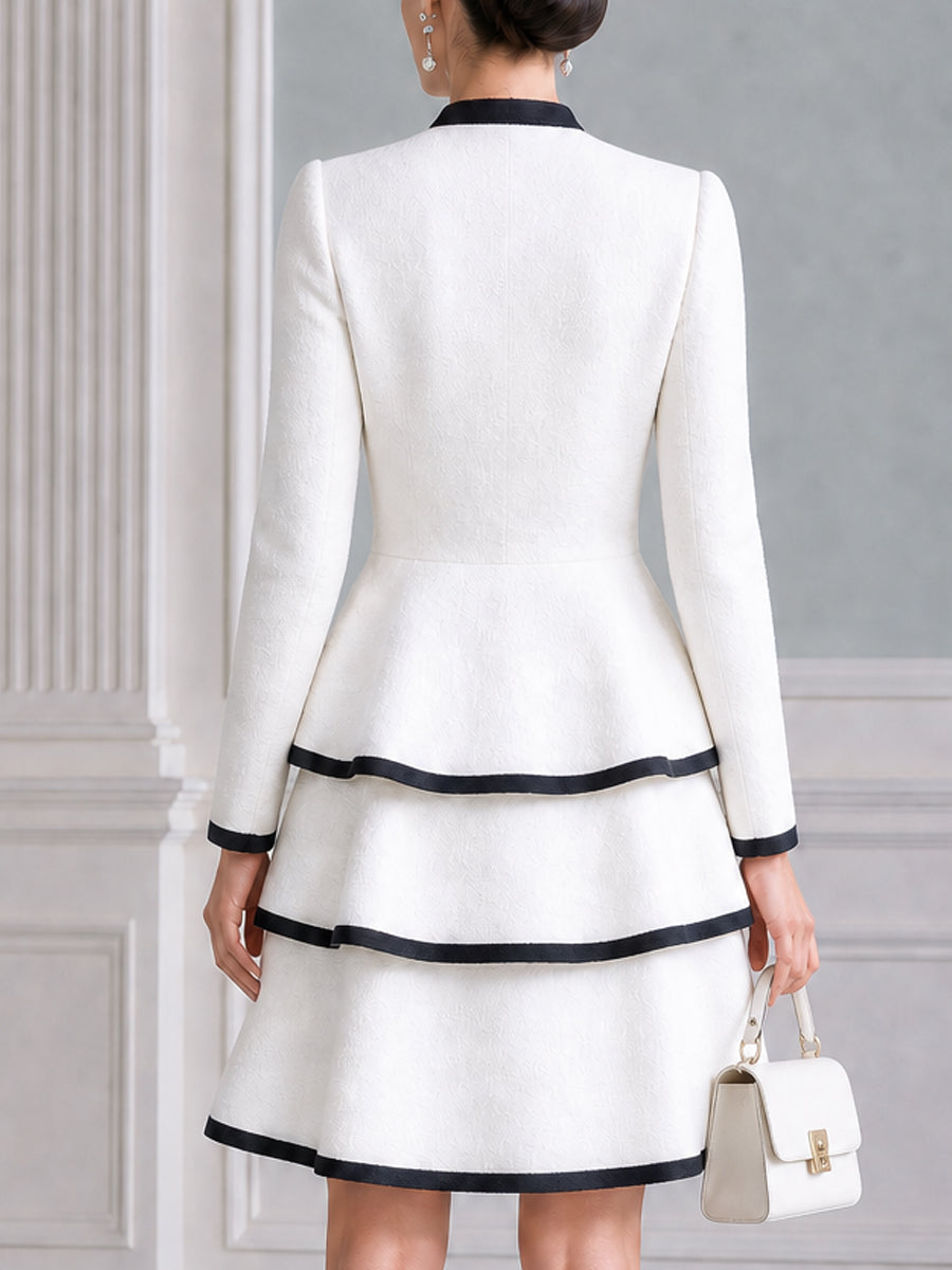 Contrast-Trim Peplum Pearl Buttons A-Line Dress
