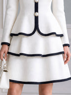Contrast-Trim Peplum Pearl Buttons A-Line Dress