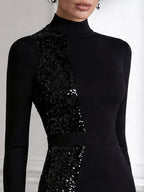 High-Neck Sequin Panel Sheath Midi Dress