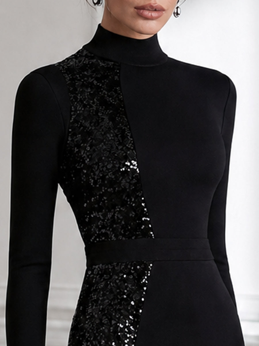 High-Neck Sequin Panel Sheath Midi Dress