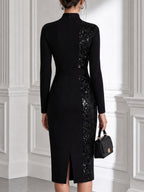 High-Neck Sequin Panel Sheath Midi Dress