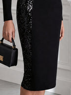 High-Neck Sequin Panel Sheath Midi Dress