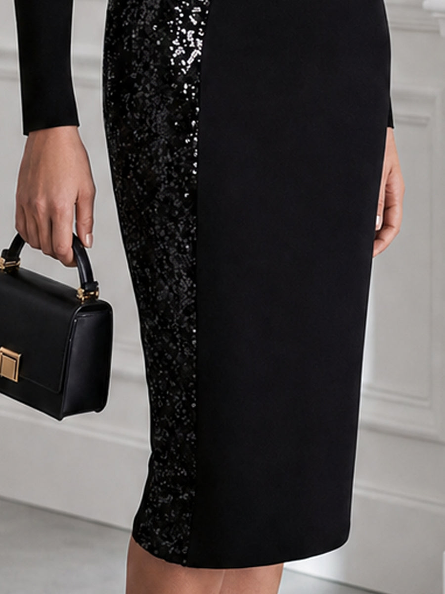 High-Neck Sequin Panel Sheath Midi Dress
