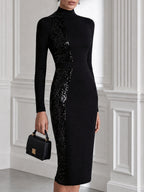 High-Neck Sequin Panel Sheath Midi Dress