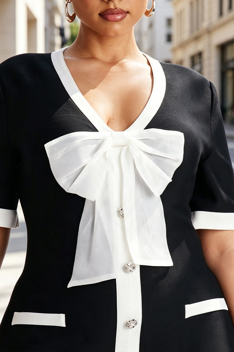 Women's V-neck Buckle Spliced Bow Elegant Casual Dress