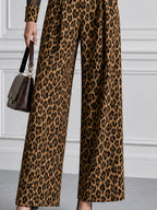 Leopard Print Mesh Sleeve Metal Buttons Wide Leg Jumpsuit