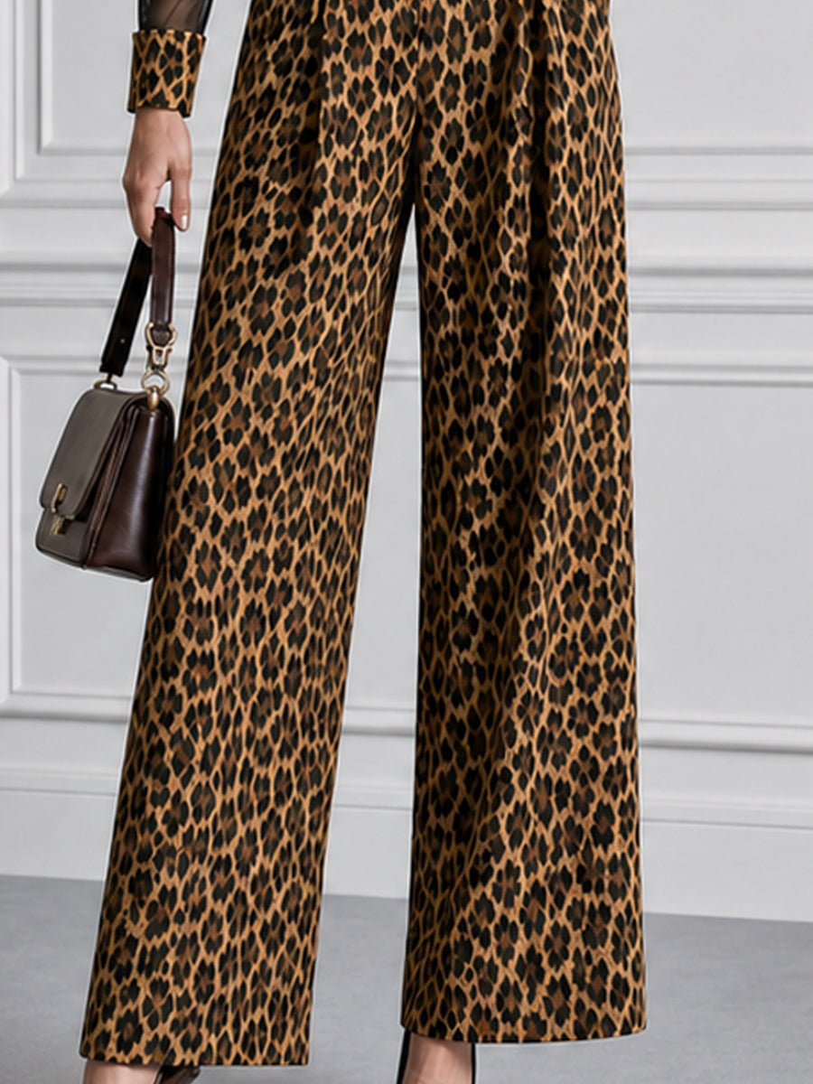 Leopard Print Mesh Sleeve Metal Buttons Wide Leg Jumpsuit