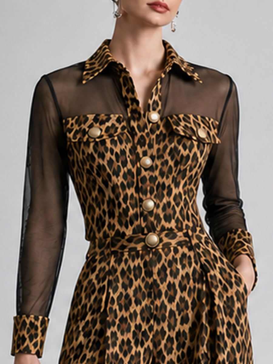 Leopard Print Mesh Sleeve Metal Buttons Wide Leg Jumpsuit