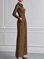 Leopard Print Mesh Sleeve Metal Buttons Wide Leg Jumpsuit