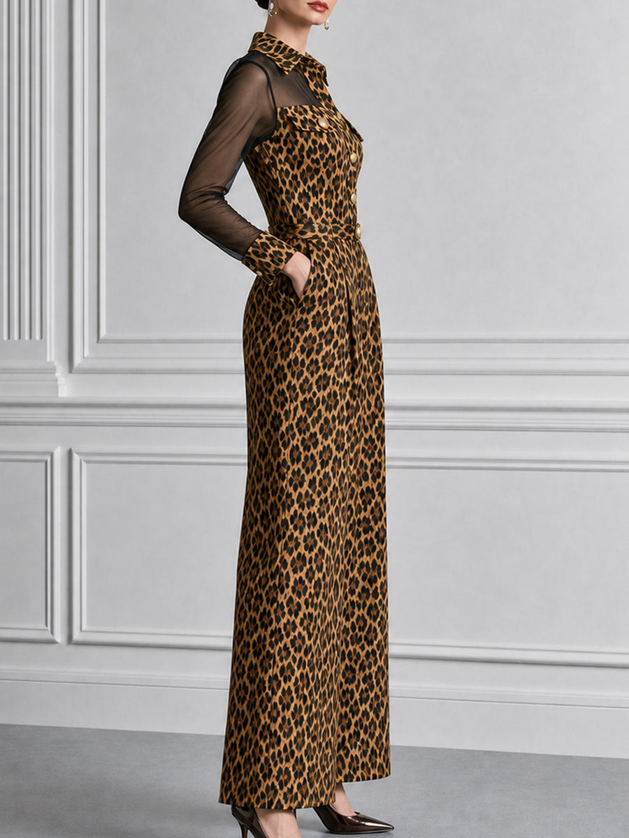 Leopard Print Mesh Sleeve Metal Buttons Wide Leg Jumpsuit