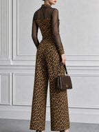 Leopard Print Mesh Sleeve Metal Buttons Wide Leg Jumpsuit