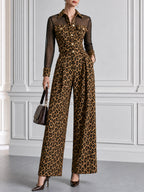 Leopard Print Mesh Sleeve Metal Buttons Wide Leg Jumpsuit